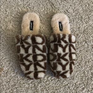 DKNY Brown and Cream Fuzzy Slippers